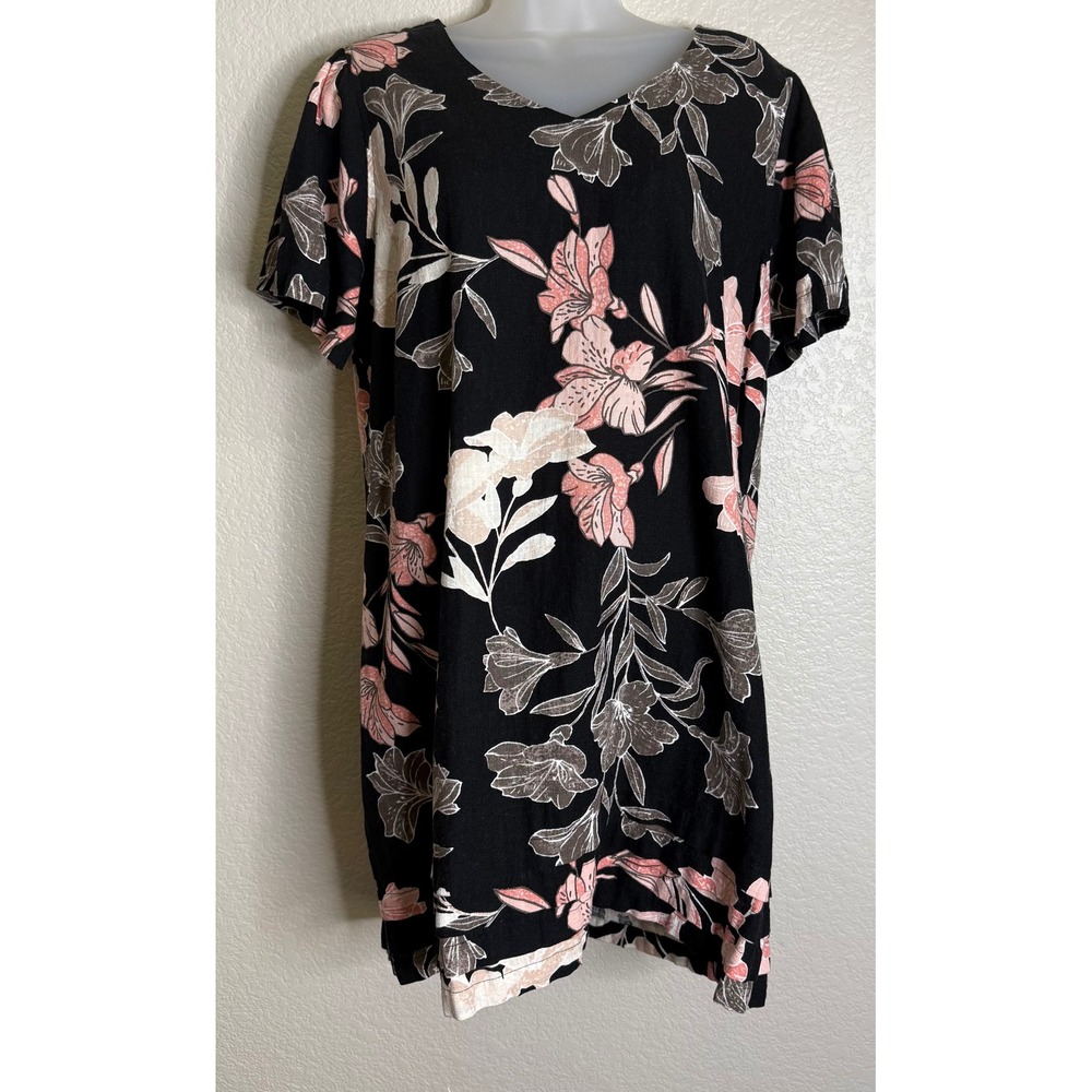Nicole Miller Womens XL Shift Dress Black Pink Floral Linen Blend Short Sleeve